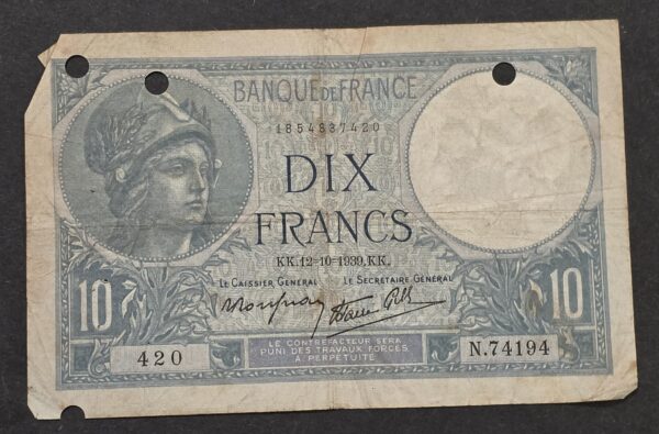 20260913_154910 1939 France 10 Francs Minerve Banque de France WWII Era Banknote P-84