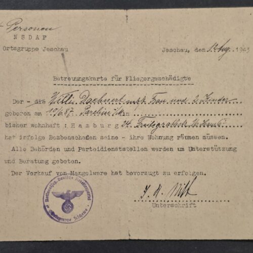 OPERATION GOMORRAH! WW2 Nazi German 1943 NSDAP Allied Bombing Victim Assistance Card Document Hamburg Air Raid