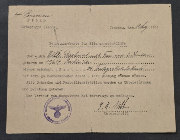 OPERATION GOMORRAH! WW2 Nazi German 1943 NSDAP Allied Bombing Victim Assistance Card Document Hamburg Air Raid