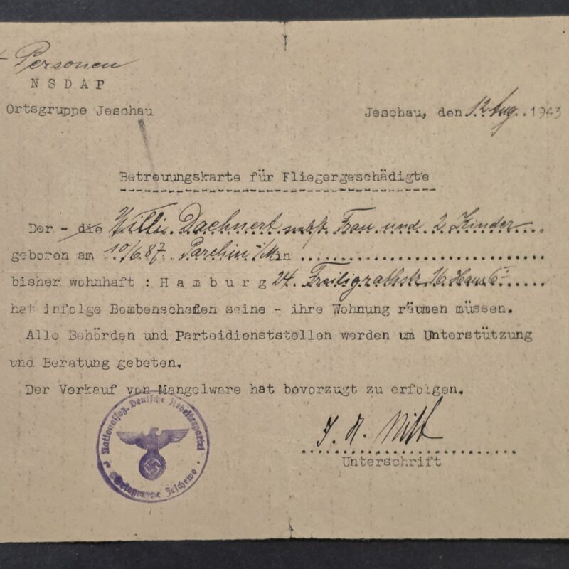 OPERATION GOMORRAH! WW2 Nazi German 1943 NSDAP Allied Bombing Victim Assistance Card Document Hamburg Air Raid