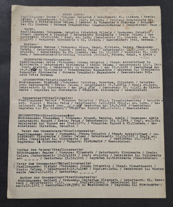 20260913_165222 PAPERS PLEASE! WWII German Proof of Aryan Race “Meine Ahnen” Ancestry Genealogy Document Grots Family