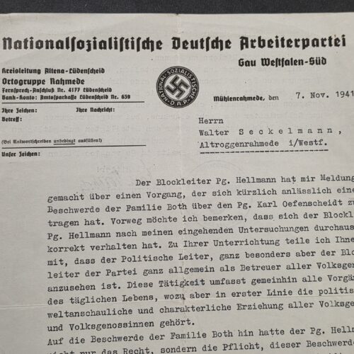 20260913_165448 WW2 Nazi German 1941 NSDAP Third Reich Ortsgruppe Rahmede Blockleiter Dispute Letter Signed & Stamped