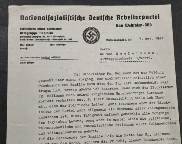 20260913_165448 WW2 Nazi German 1941 NSDAP Third Reich Ortsgruppe Rahmede Blockleiter Dispute Letter Signed & Stamped