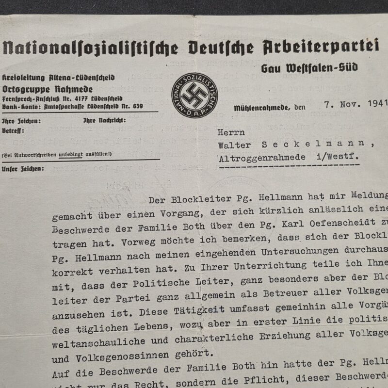 WW2 Nazi German 1941 NSDAP Third Reich Ortsgruppe Rahmede Blockleiter Dispute Letter Signed & Stamped