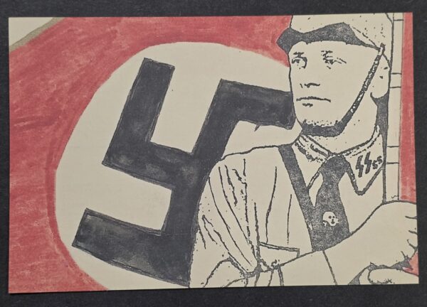 WW2 Nazi German Third Reich SS Man w Totenkopf Skull pin NSDAP Swastika Flag Postcard w Hitler Stamp