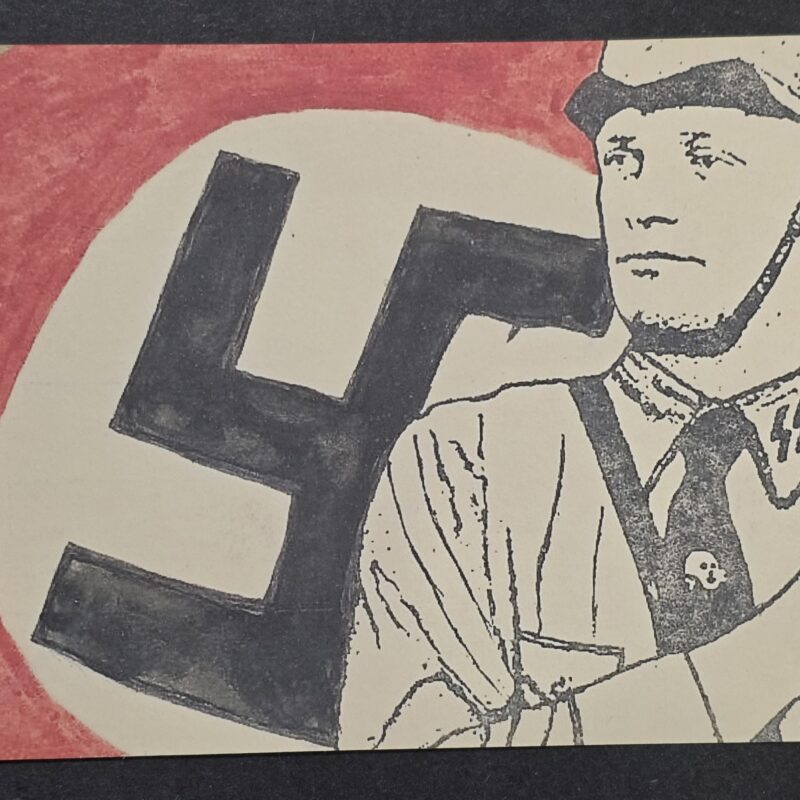 WW2 Nazi German Third Reich SS Man w Totenkopf Skull pin NSDAP Swastika Flag Postcard w Hitler Stamp