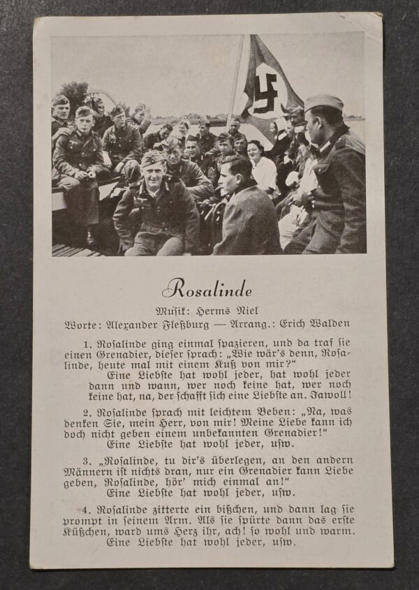 WWII Nazi German Third Reich Soldier Song Postcard Rosalinde w NSDAP Swastika Flag