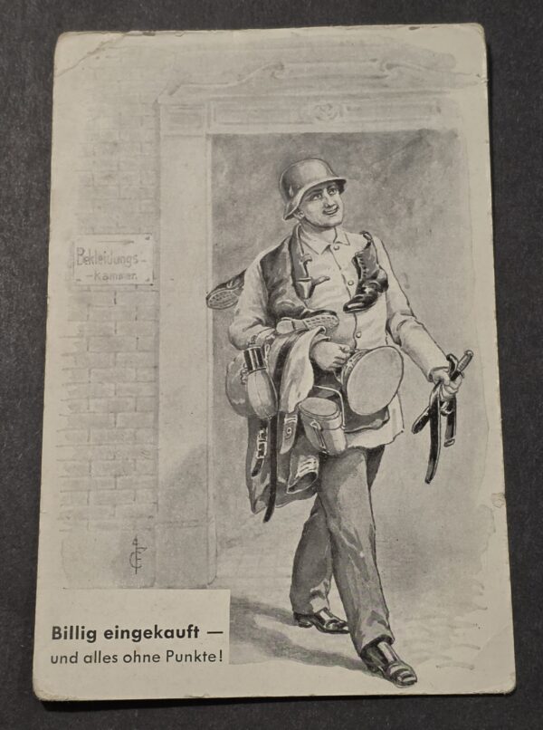 WWII Nazi German Wehrmacht Soldier Heavily Laden w Goods & Gear Humor Postcard