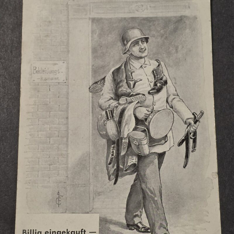 WWII Nazi German Wehrmacht Soldier Heavily Laden w Goods & Gear Humor Postcard