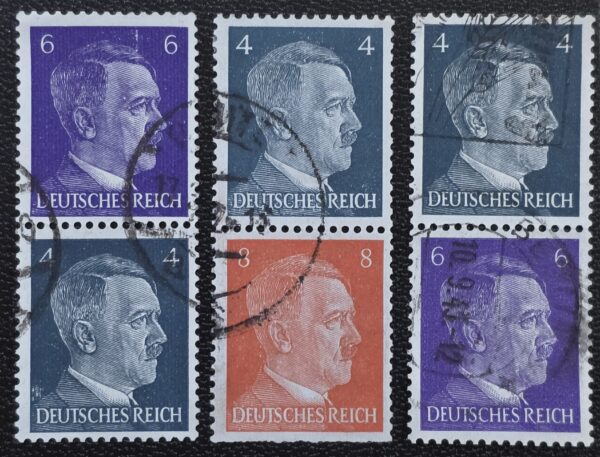 20260917_190731 WWII Nazi German Adolf Hitler Third Reich Stamp Lot – 3 Vertical Pairs – 4, 6 & 8 Pf Used