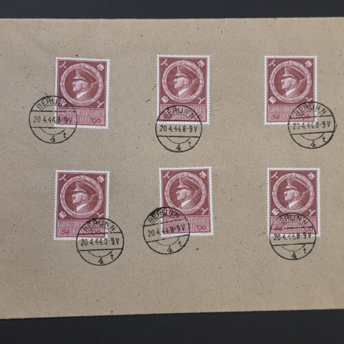 WWII Nazi German Third Reich 1944 Adolf Hitler 55th Birthday Stamp Sheet – 6 Berlin Cancels April 20