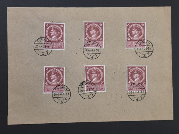 WWII Nazi German Third Reich 1944 Adolf Hitler 55th Birthday Stamp Sheet – 6 Berlin Cancels April 20