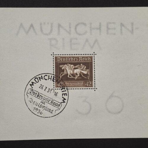 1936 Nazi German Third Reich Horse Racing Souvenir Stamp Sheet Brown Ribbon Special Cancel
