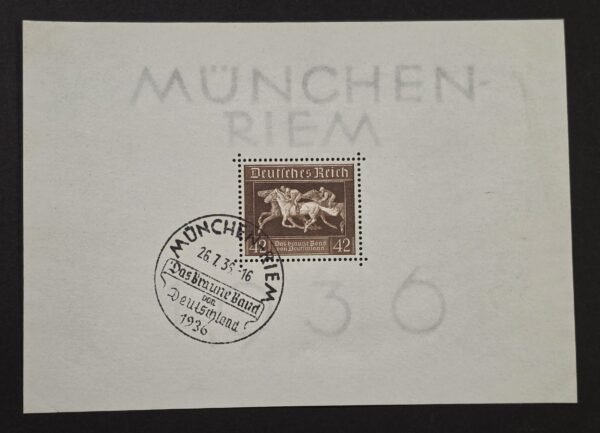 1936 Nazi German Third Reich Horse Racing Souvenir Stamp Sheet Brown Ribbon Special Cancel