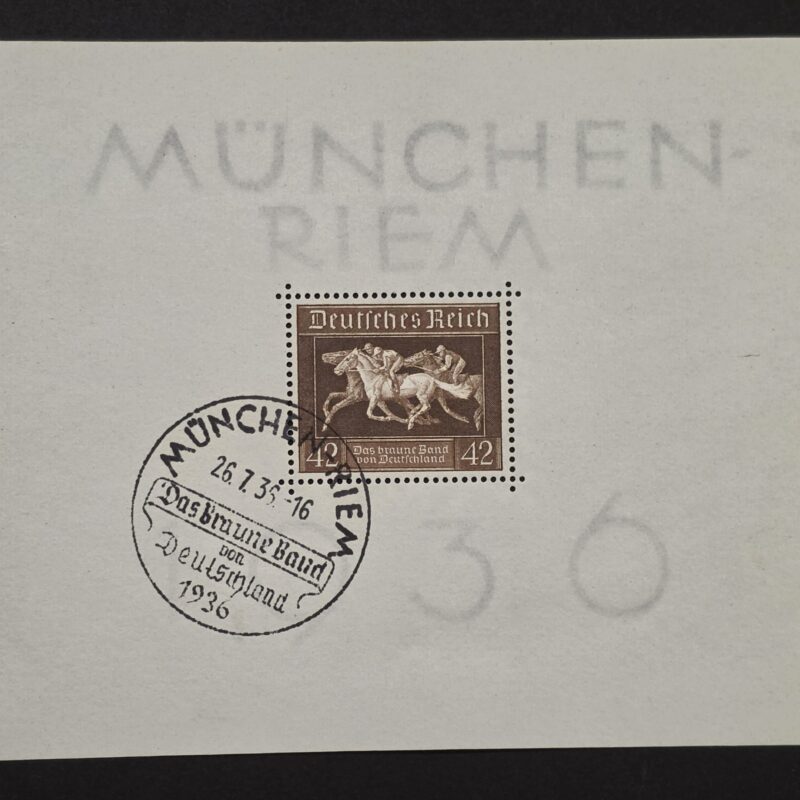 20260917_194147 1936 Nazi German Third Reich Horse Racing Souvenir Stamp Sheet Brown Ribbon Special Cancel