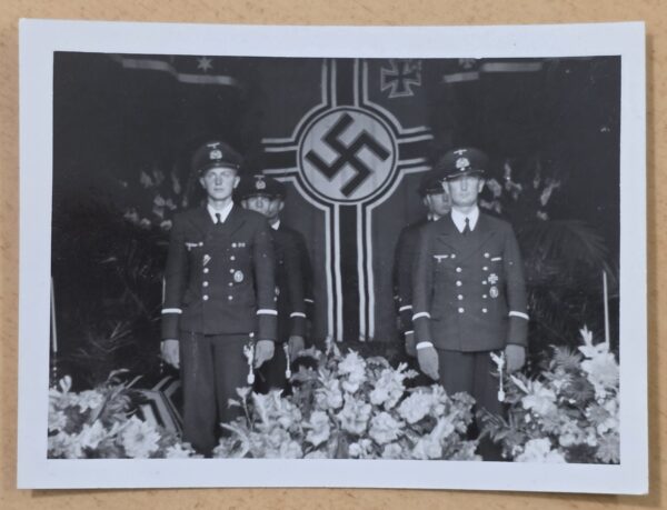 20260918_124655 WWII German Kriegsmarine Naval Officer Funeral Photo Swastika Flag Iron Cross Minesweepers Badges Daggers