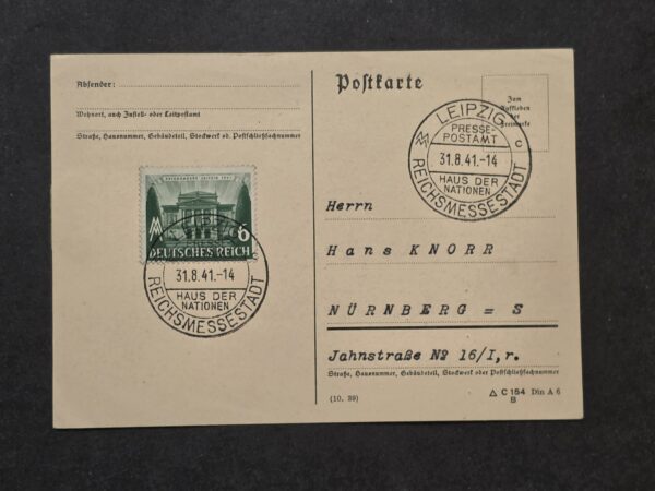 WWII Nazi German 1941 Leipzig Reichsmesse Mi 765 Postcard Special Cancel Nürnberg