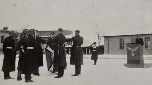 20260923_143516 Rare WWII German Luftwaffe Oath Ceremony Standard Flag Aircraft Swastika Podium Photo
