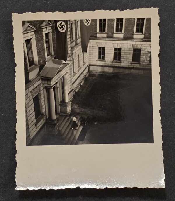 20260923_143556 WW2 Nazi German Third Reich Building Courtyard Large Swastika Banners Photo