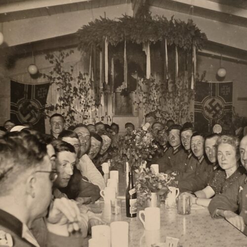 20260924_133246 1940 WW2 Nazi German Wehrmacht Kantine Photo w Swastika Battle Flags Banners