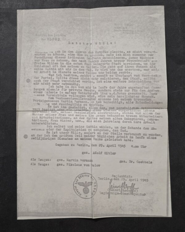 RARE Very Early Copy of Adolf Hitler’s Private Last Will & Testament – April 29, 1945 WW2 German Document