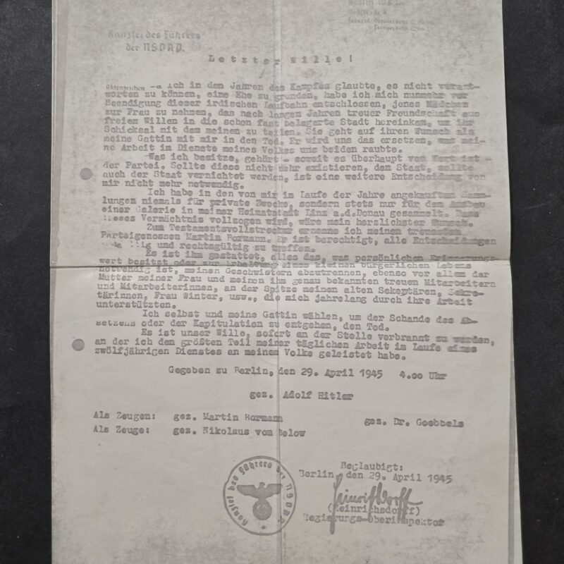 20260926_143528 RARE Very Early Copy of Adolf Hitler’s Private Last Will & Testament – April 29, 1945 WW2 German Document