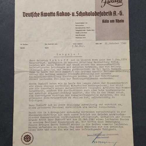 20260926_144758 1942 WW2 Nazi German Kwatta Chocolate Cocoa Factory Employee Certificate Swastika DAF Stamp Document