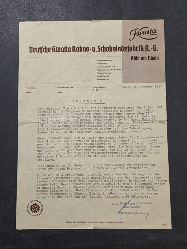 20260926_144758 1942 WW2 Nazi German Kwatta Chocolate Cocoa Factory Employee Certificate Swastika DAF Stamp Document