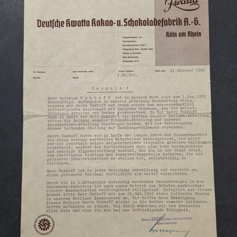 1942 WW2 Nazi German Kwatta Chocolate Cocoa Factory Employee Certificate Swastika DAF Stamp Document