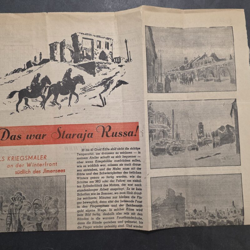 1942 Nazi German WWII Newspaper Sheet Staraja Russa Russia Winter Front War Artist