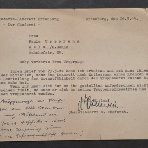 1944 German Reserve Lazarett Offenburg Military Hospital Letter – Chief Doctor Signed Heil Hitler!