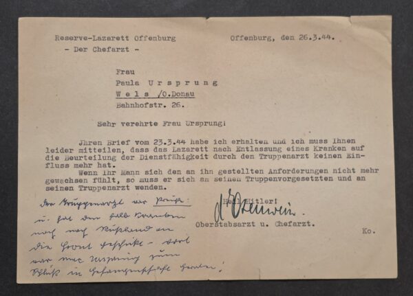 1944 German Reserve Lazarett Offenburg Military Hospital Letter – Chief Doctor Signed Heil Hitler!