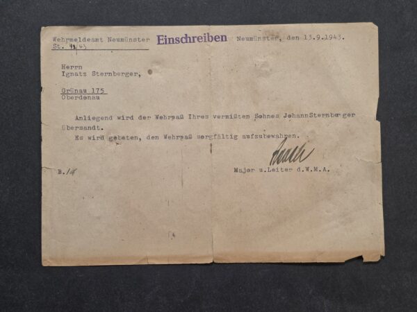 20260926_152421 WW2 German 1943 MIA Letter Missing Soldier Johann Sternberger Wehrpass Returned