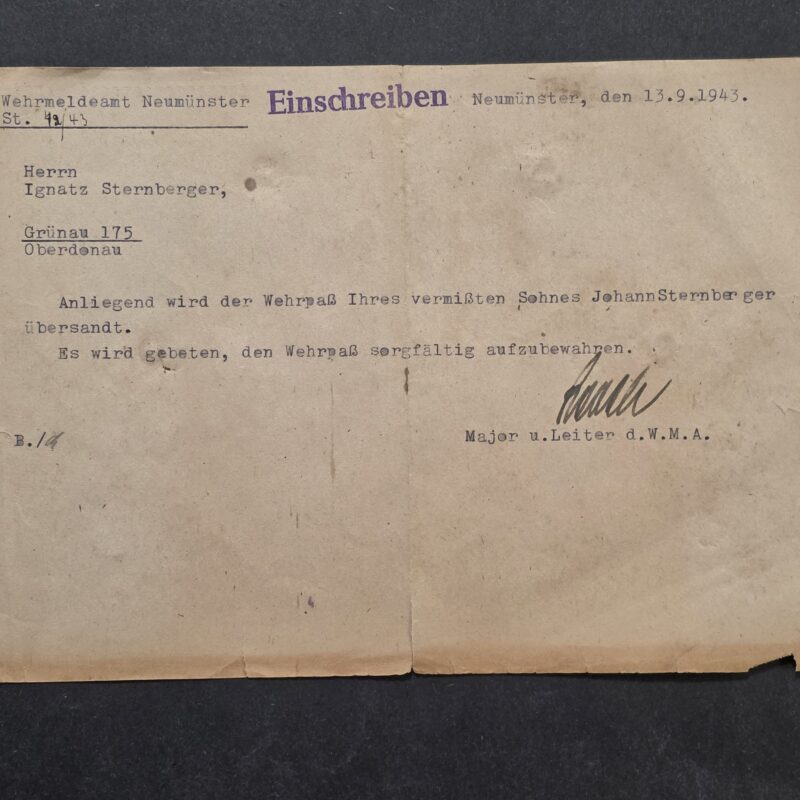 20260926_152421 WW2 German 1943 MIA Letter Missing Soldier Johann Sternberger Wehrpass Returned