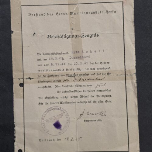 1945 WW2 German Army Ammunition Female War Service Munitions Worker Certificate Document