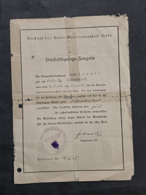 1945 WW2 German Army Ammunition Female War Service Munitions Worker Certificate Document
