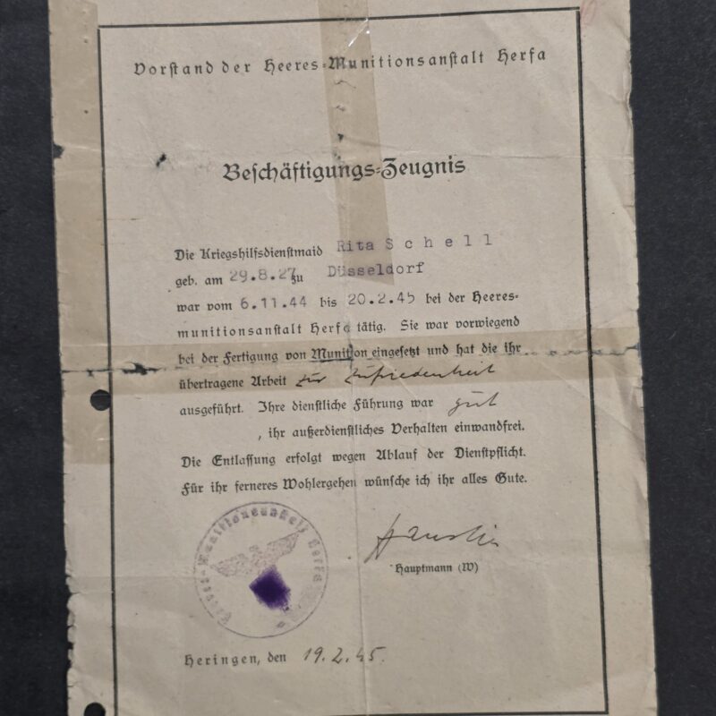 20260927_163438 1945 WW2 German Army Ammunition Female War Service Munitions Worker Certificate Document