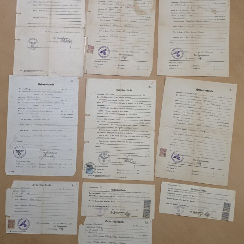 10 Pc WW2 Nazi Era 1936-39 German Family Document Lot Birth & Marriage Certificates Official Eagle Swastika Stamps