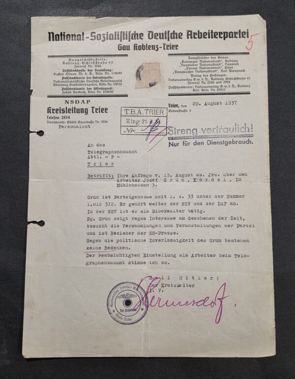 20260927_164443 1937 Nazi German Third Reich NSDAP Kreisleitung Trier “Strictly Confidential” Document Josef Grün