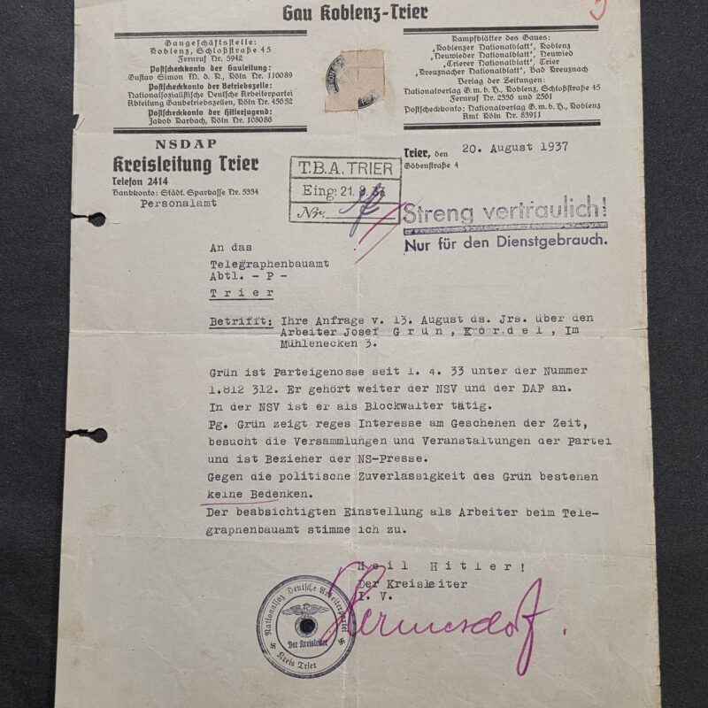 1937 Nazi German Third Reich NSDAP Kreisleitung Trier “Strictly Confidential” Document Josef Grün