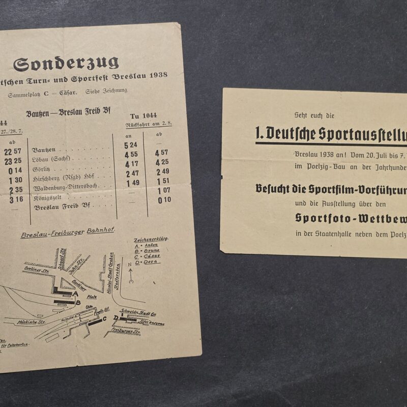 1938 Nazi German Third Reich Reichsbahn Special Train Papers Documents Breslau Sports Festival & Exhibition