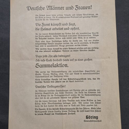 RARE WWII Nazi German Hermann Göring Metal Collection Propaganda Leaflet Double Sided