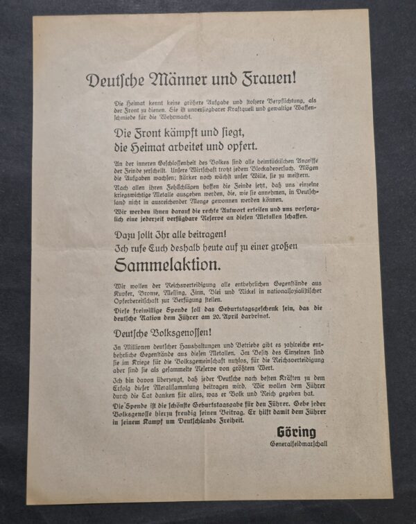 RARE WWII Nazi German Hermann Göring Metal Collection Propaganda Leaflet Double Sided