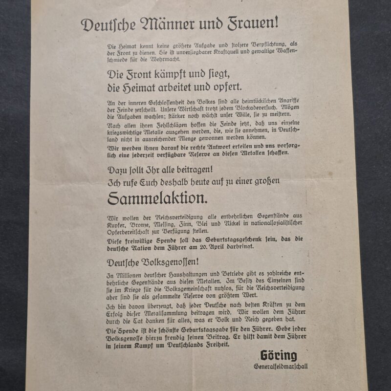 20260927_164616 RARE WWII Nazi German Hermann Göring Metal Collection Propaganda Leaflet Double Sided