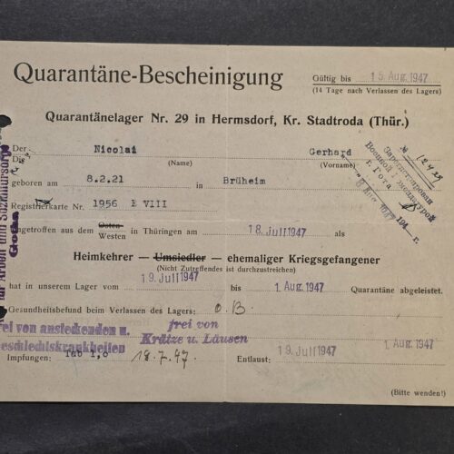 1947 German POW Returnee Quarantine Certificate Camp 29 Hermsdorf Thüringen