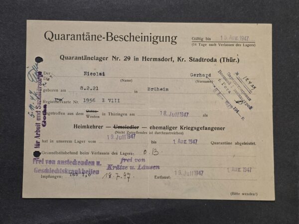 1947 German POW Returnee Quarantine Certificate Camp 29 Hermsdorf Thüringen