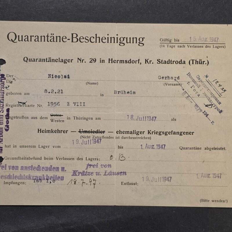 20260927_164902 1947 German POW Returnee Quarantine Certificate Camp 29 Hermsdorf Thüringen