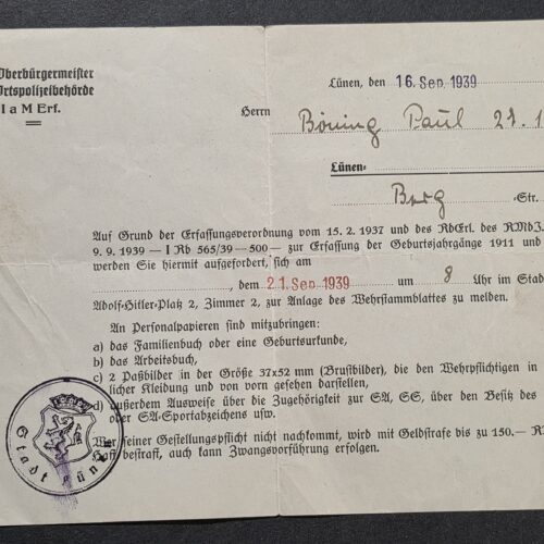 20260927_165110 1939 WW2 German Wehrmacht Soldiers Call of duty Registration Summons – Lünen Wehrstammblatt Document
