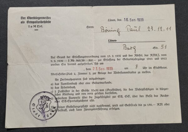20260927_165110 1939 WW2 German Wehrmacht Soldiers Call of duty Registration Summons – Lünen Wehrstammblatt Document