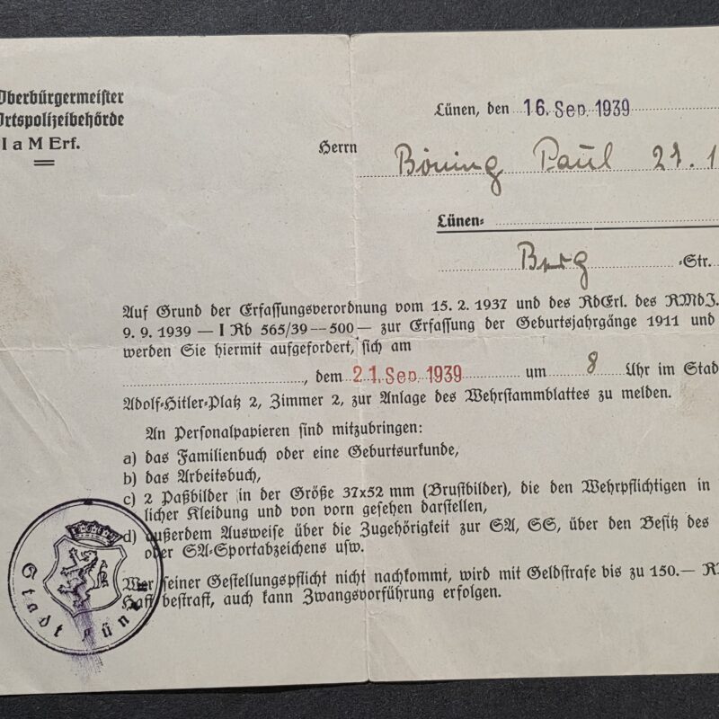 20260927_165110 1939 WW2 German Wehrmacht Soldiers Call of duty Registration Summons – Lünen Wehrstammblatt Document